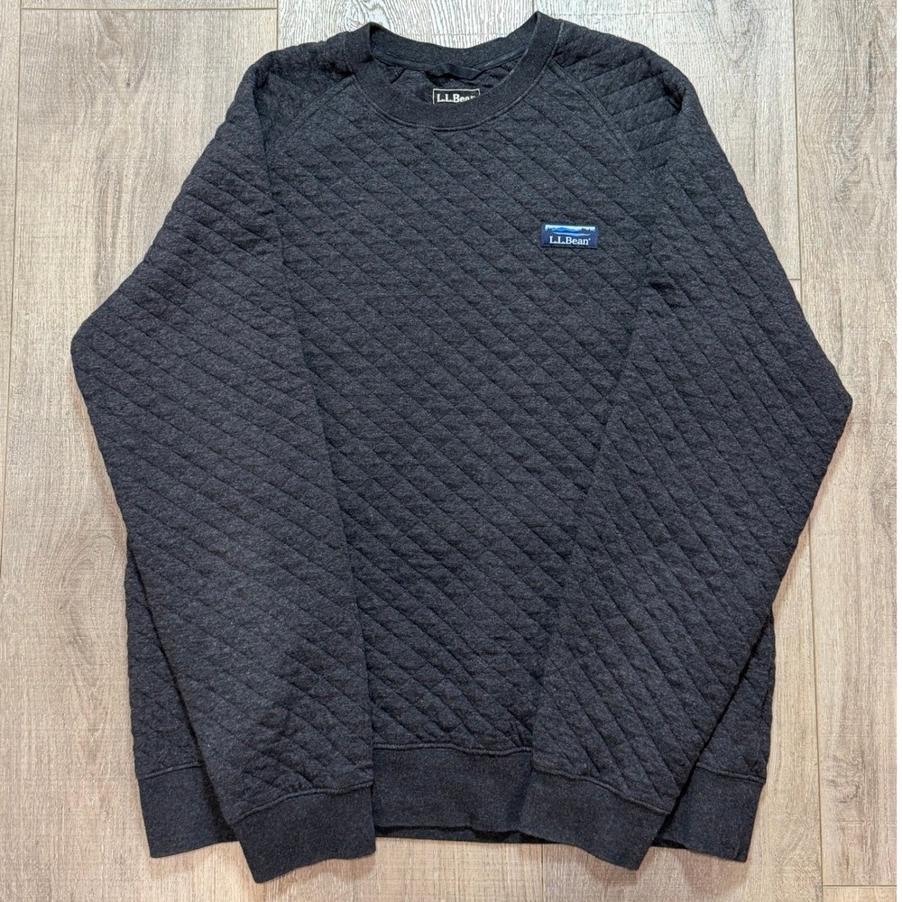 LL Bean Mens Quilted Sweatshirt Charcoal Gray Diamond Stitch Pullover Size M-REG